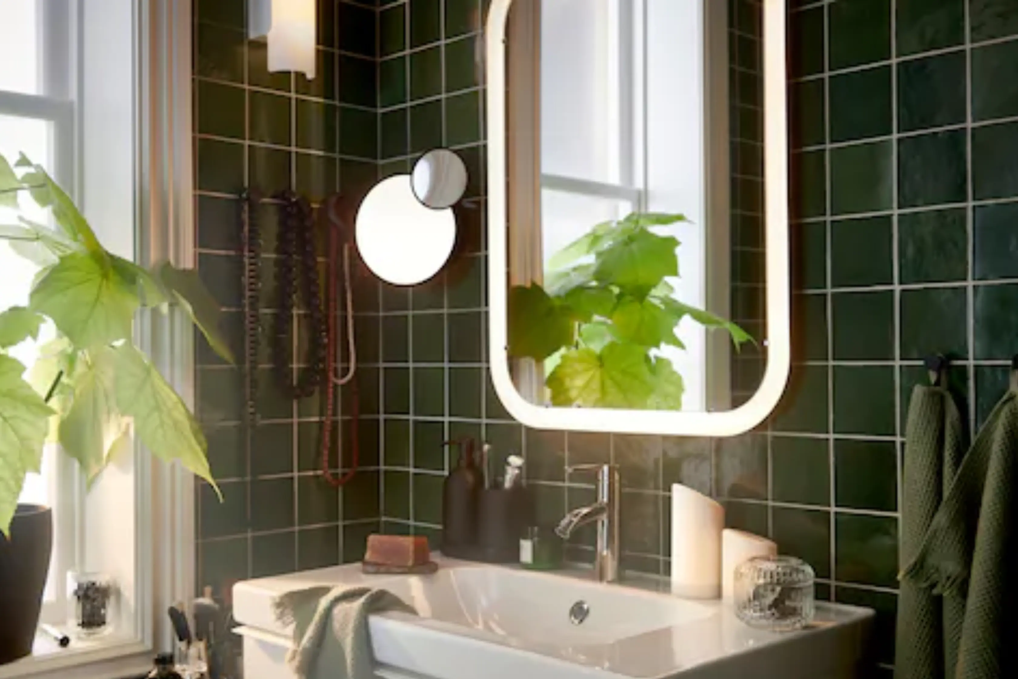 Subway Style Tiling With Modern Rectangular LED Mirror